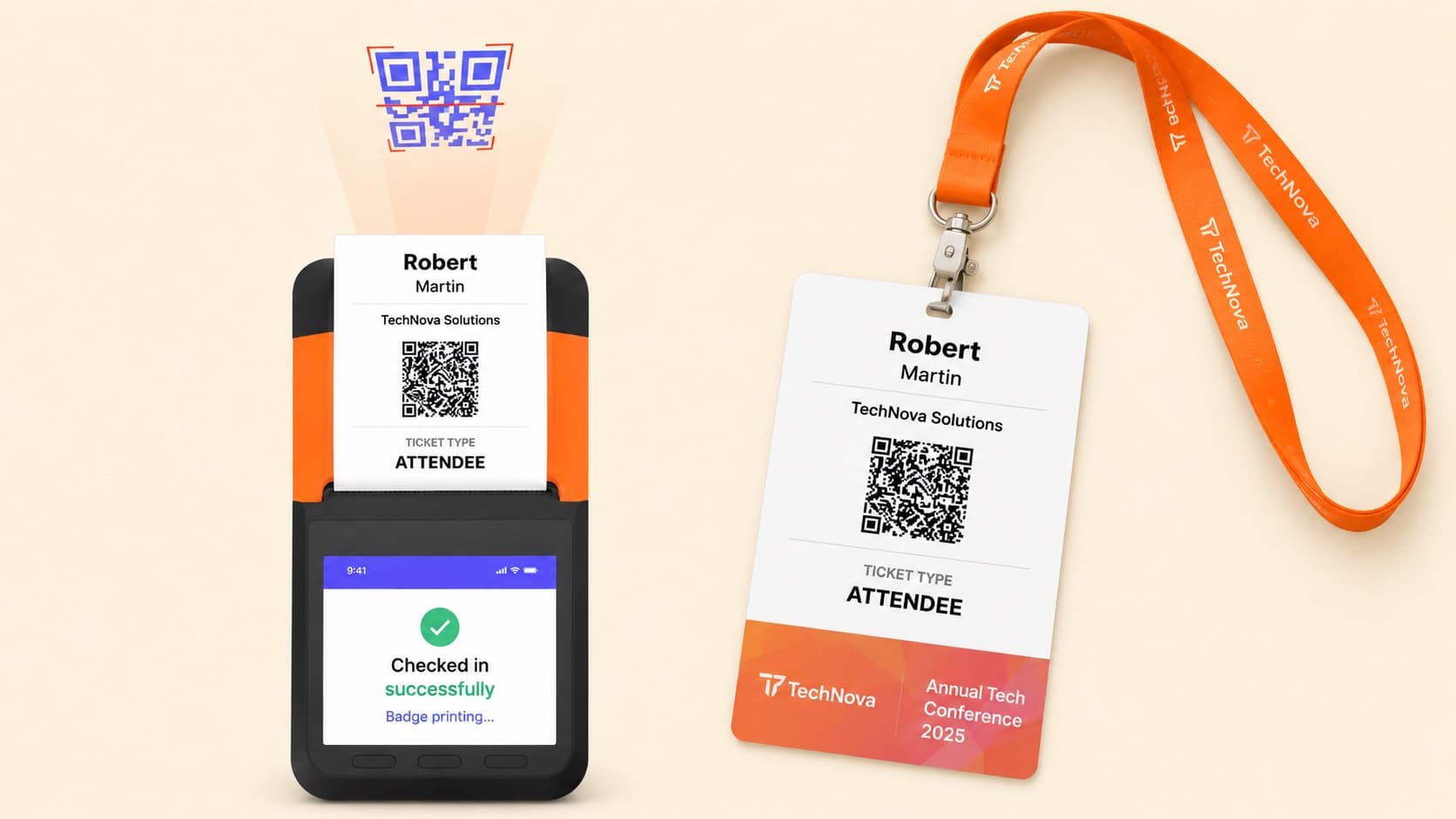 A Sunmi handheld device showing “Checked in successfully, Badge printing…” next to the finished badge and lanyard it just printed